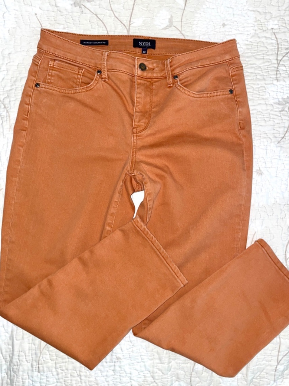NYDJ “Margot Girlfriend” size 8 Petite, Rust Brown Jeans, Good Used Condition